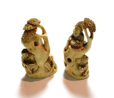 Lot 52 - A pair of Japanese ivory Okimono/netsuke depicting scenes from the bamboo grove story