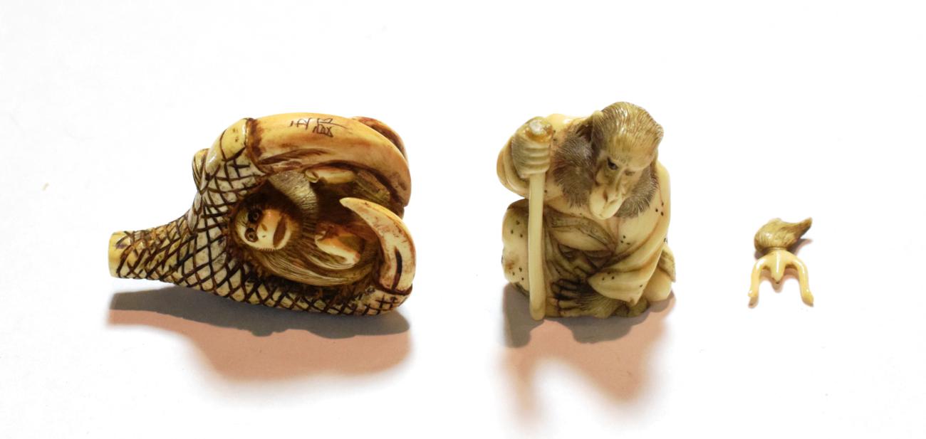 Lot 53 - Japanese ivory netsukes, Meiji period, as the monkey king and another as a monkey in a dragons claw