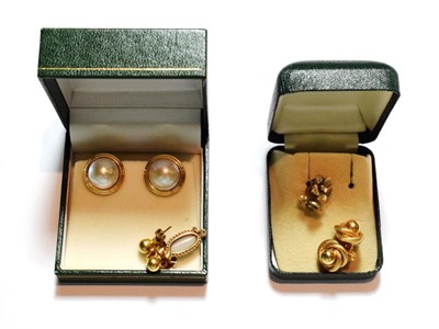 Lot 55 - A pair of 9 carat gold mabe pearl earrings, with post and clip fittings; three further 9 carat gold