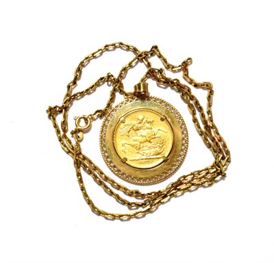 Lot 56 - A Victorian full sovereign dated 1875 mounted as a pendant on a yellow metal chain, pendant...