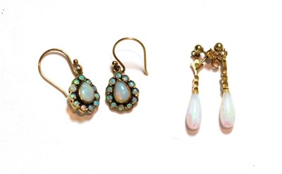 Lot 60 - A pair of opal cluster drop earrings, stamped '375', with hook fittings; and a pair of opal...