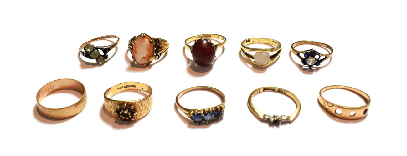 Lot 61 - A 9 carat gold band ring, finger size O; a 9 carat gold cameo ring, finger size L; two further...