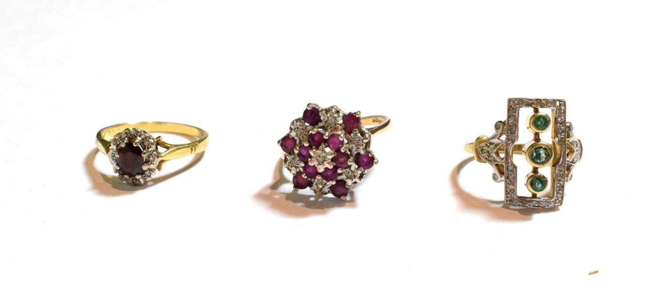 Lot 63 - A 9 carat gold gem set cluster ring, finger size N1/2; a gem set plaque ring, stamped '9K',...