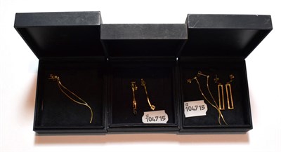 Lot 68 - Four pairs of 9 carat gold drop earrings, of varying designs and lengths