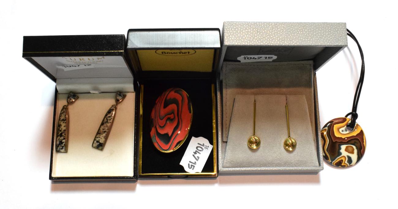 Lot 71 - A pair of Lalique drop earrings; a red and black ceramic brooch and matching drop earrings; a...