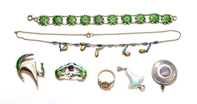 Lot 74 - Seven pieces of enamelled jewellery including a bracelet enamelled in green tones, a locket...