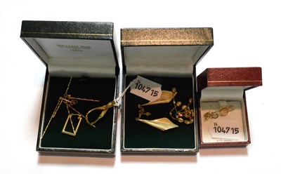 Lot 80 - Three pairs of 9 carat gold drop earrings, varying designs and lengths; a pair of drop...