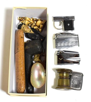 Lot 85 - An ivory netsuke; three lighters (one stamped Ronson); silver and mother of pearl salt; silver...