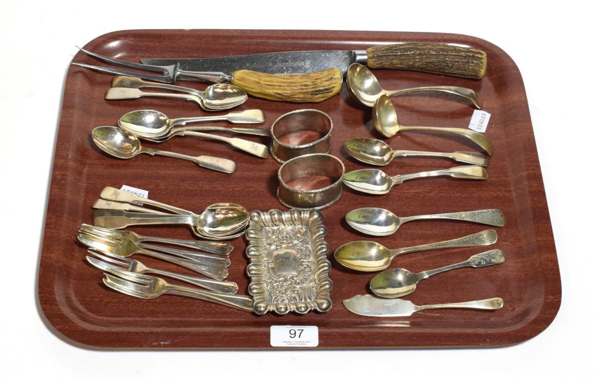 Lot 97 - Silver teaspoons, cake forks, napkin rings etc