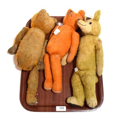 Lot 104 - ARP/Civil Defence orange jointed teddy bear, 42cm; an orange jointed teddy bear, 39cm; and a yellow