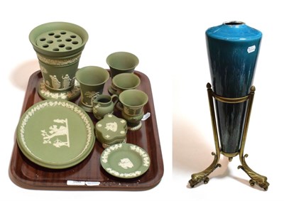 Lot 106 - A group of Wedgwood green Jasperware; and an unusual tapering blue glazed Doulton vase, on a...