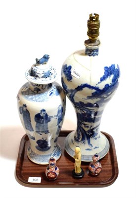 Lot 108 - A Chinese blue and white vase and cover; Chinese blue and white vase (a.f.) converted to a...