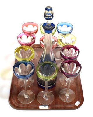 Lot 114 - A set of eleven coloured hock glasses and a matching decanter