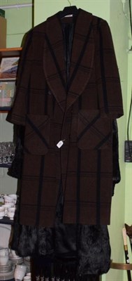 Lot 154 - Mary Quant brown wool checked double breasted coat with brooch; C Moss astracan coat; and a...