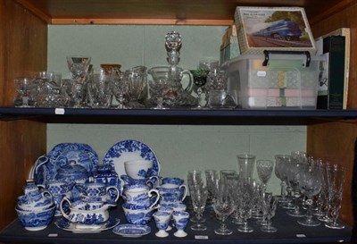 Lot 155 - A quantity of blue and white china; various glassware to include a decanter, wine glasses,...