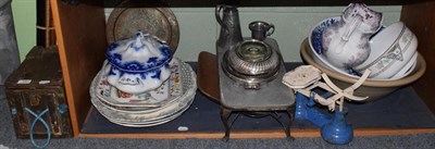 Lot 160 - Quantity of Victorian china, meat plates, kitchen scales and weights; together with assorted...