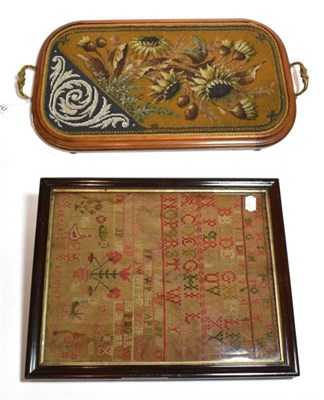 Lot 167 - A Victorian beadwork twin-handled tray; framed sampler by Margaret Farquhar dated 1829 (2)