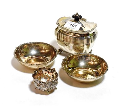 Lot 191 - Silver sugar box; a pair of silver sugar bowls; and a continental silver salt