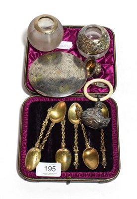 Lot 195 - A cased set of six silver teaspoons, silver topped match strikers, Indian compact, Tiffany salt etc