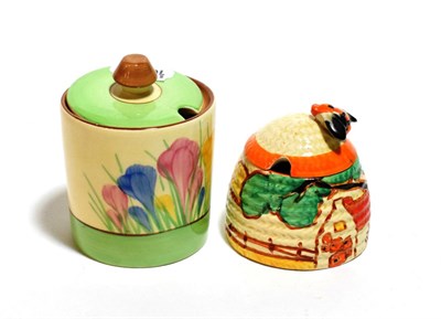 Lot 217 - Clarice Cliff Bizarre ware Fantasque honey jar and cover, Clarice Cliff crocus pattern preserve jar