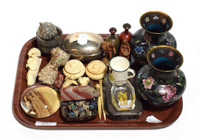 Lot 227 - Japanese netsuke, plated hip flask, paperweight, Indian cruet, etc