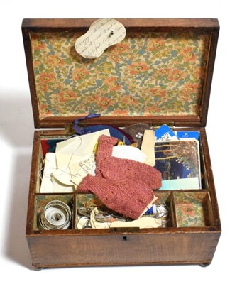 Lot 247 - A small collection of Mauchline ware; Tunbridge ware; other sewing related items in a hinged box