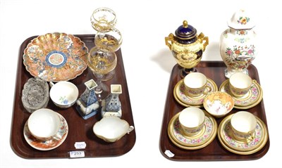 Lot 253 - Two trays including a Coalport blue and yellow ground twin-handled vase; an English china...