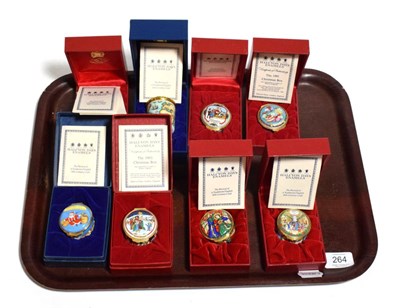 Lot 264 - Seven Halcyon Days Christmas enamel boxes, 1993 to 1999 inclusive, boxed; together with another (8)