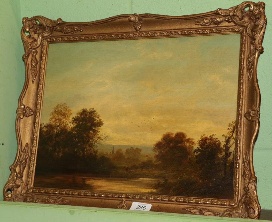 Lot 286 - George B Walmersly (19th century) Rural landscape with figures and distant church spire,...