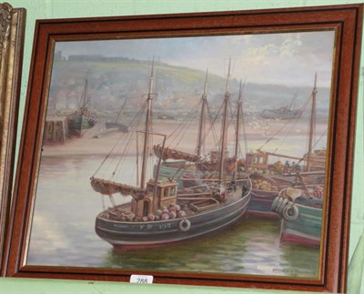 Lot 288 - Albert Jackson, Scotch fishing boats, Whitby Harbour, signed, oil on board, 39cm by 49cm