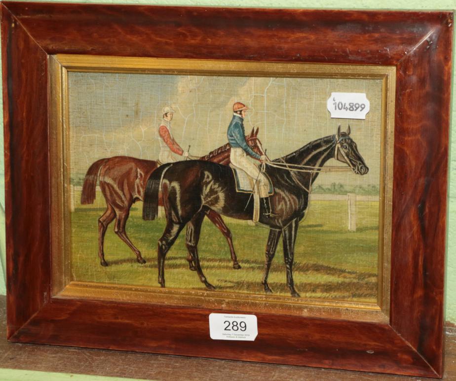 Lot 289 - British School (20th century) Naive scene of jockeys, indistinctly signed, oil on panel, 17cm...