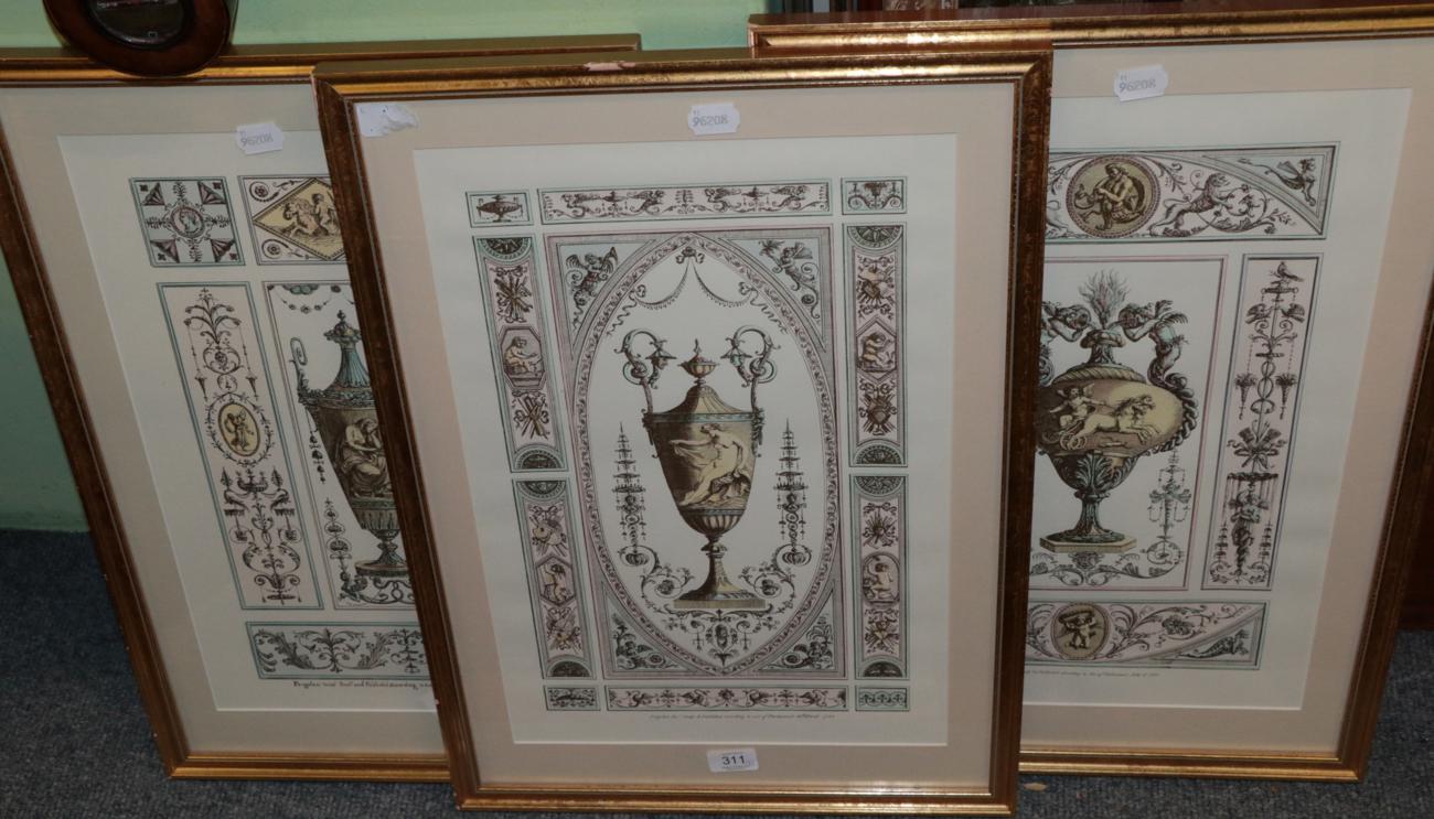 Lot 311 - Three framed prints depicting Classical urns within borders or precious objects and musical...