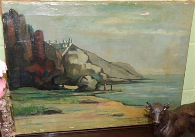 Lot 313 - Follower of Emmanuel Lansya (1835-1893) Coastal view with figures, signed, oil on canvas (unframed)