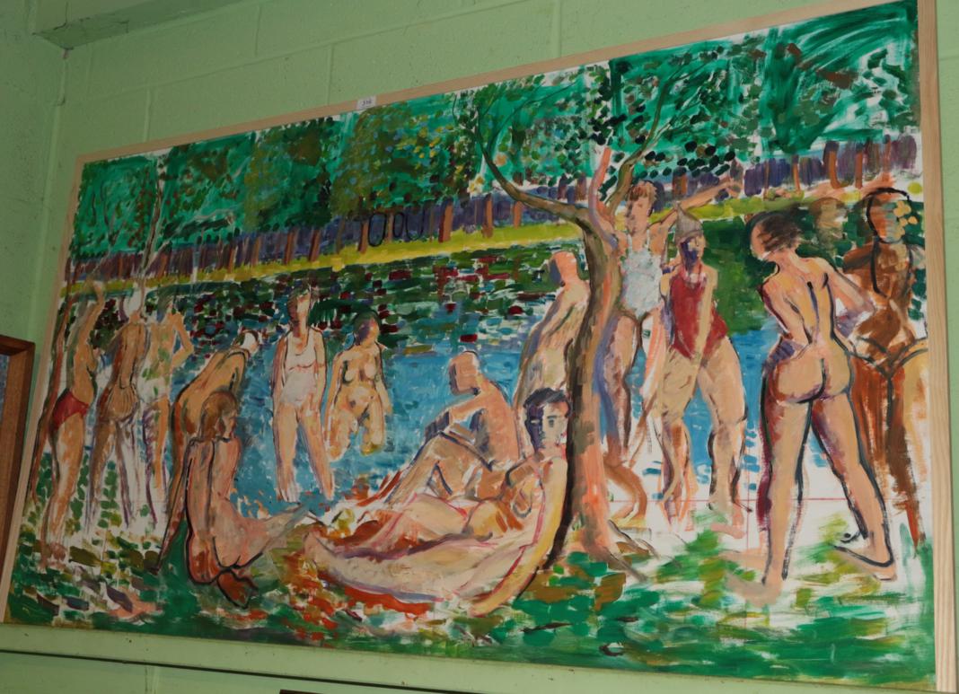 Lot 316 - Leslie S Duncan (1932-2018) Scottish, ''Bathers at the Lido'', oil on canvas, oil on board, 90cm by