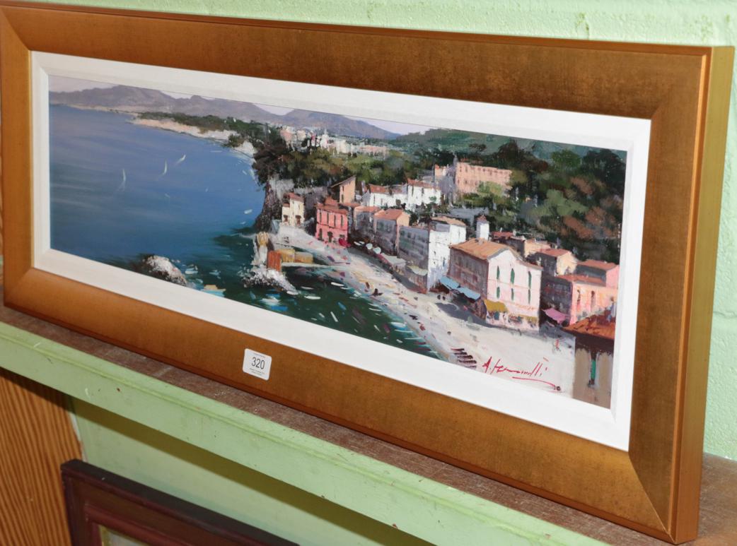 Lot 320 - Antonio Iannicelli (b.1952) Italian, The Amalfi Coast, signed, oil on canvas, 18.5cm by 77.5cm...