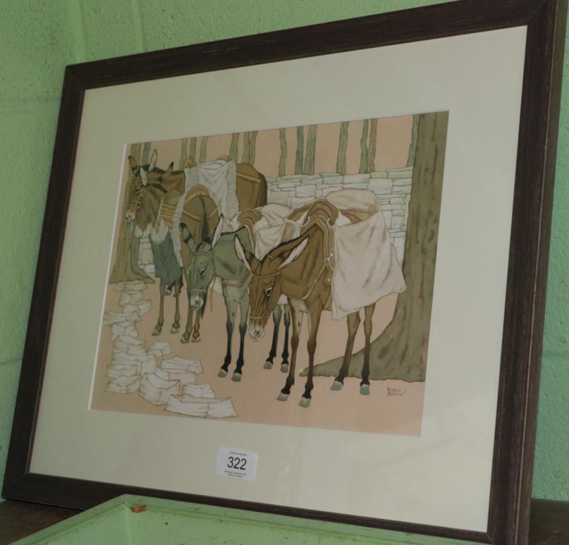 Lot 322 - Rosalind Baldwin (Contemporary) Four donkeys, signed, gouache, 23cm by 32cm