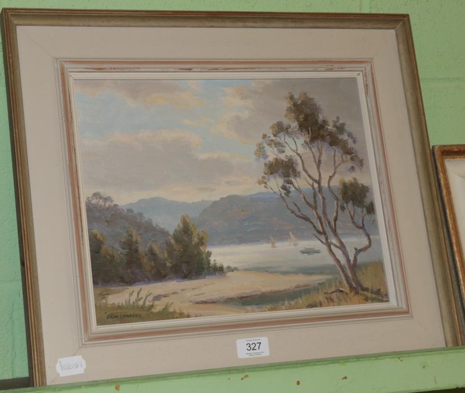 Lot 327 - Sir Eric Langker (Australian, 1898-1982) ''The Lake at Evening'', signed, oil on board, 28cm by...