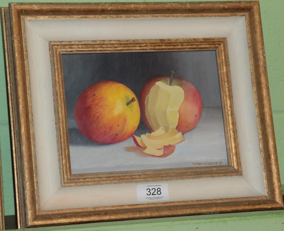 Lot 328 - Peter Gardner ROI (Contemporary) Still life with apples, signed and dated (20)03, 14cm by 19cm
