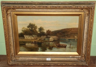 Lot 330 - John Holland Senior (19th century) Figures boating before a mill house, signed, oil on canvas,...