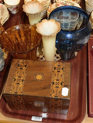 Lot 373 - Two art glass vases, pair of Worcester vases and a walnut parquetry jewellery box