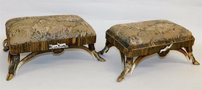 Lot 1050 - Antler Furniture: A Pair of Antler Mounted Footstools, circa 1920, a pair of low footstools...