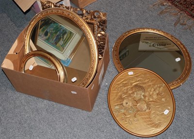 Lot 1115 - A Victorian silk-work oval panel, a pair of 19th century gilt & gesso framed circular mirrors,...