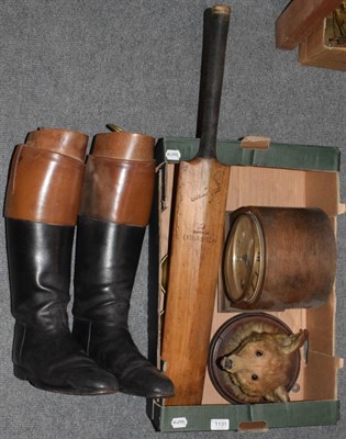 Lot 1131 - Pair leather boots with trees, cricket bat, golf clubs, pair brass ashtrays stamped Dixons, oak...