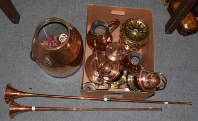 Lot 1144 - A group of copper including a milk churn, hunting horns, harvest jugs, kettles etc