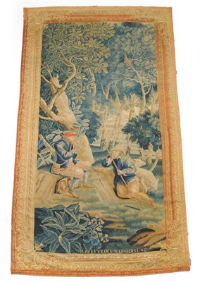 Lot 1139 - Lille Tapestry, France, 18th century Woven in silks and wool depicting a musician and a...