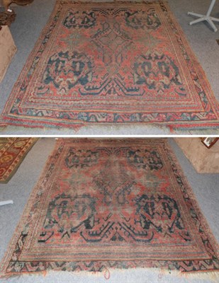 Lot 1187 - Ushak Rug, the indigo field with central medallion and four further medallions framed by narrow...