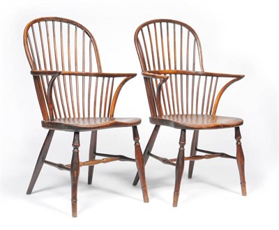 Lot 1142 - A Pair of Early 19th Century Yew, Ash and Elm Windsor Chairs, the double bow back supports with...