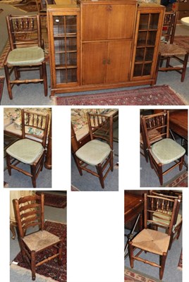 Lot 1216 - Set of six late 19th century oak and rush seated dining chairs; together with a single rush...