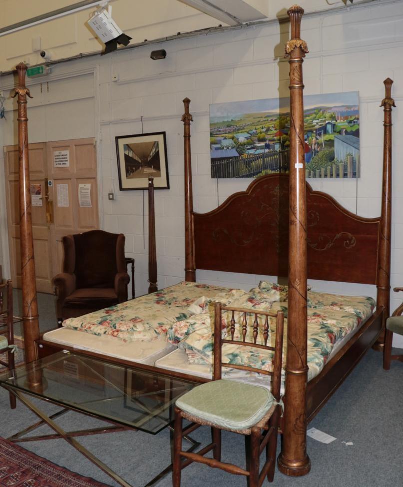 Lot 1217 - A reproduction hardwood four-poster bed complete with two 3ft divan bases, the bed measures...