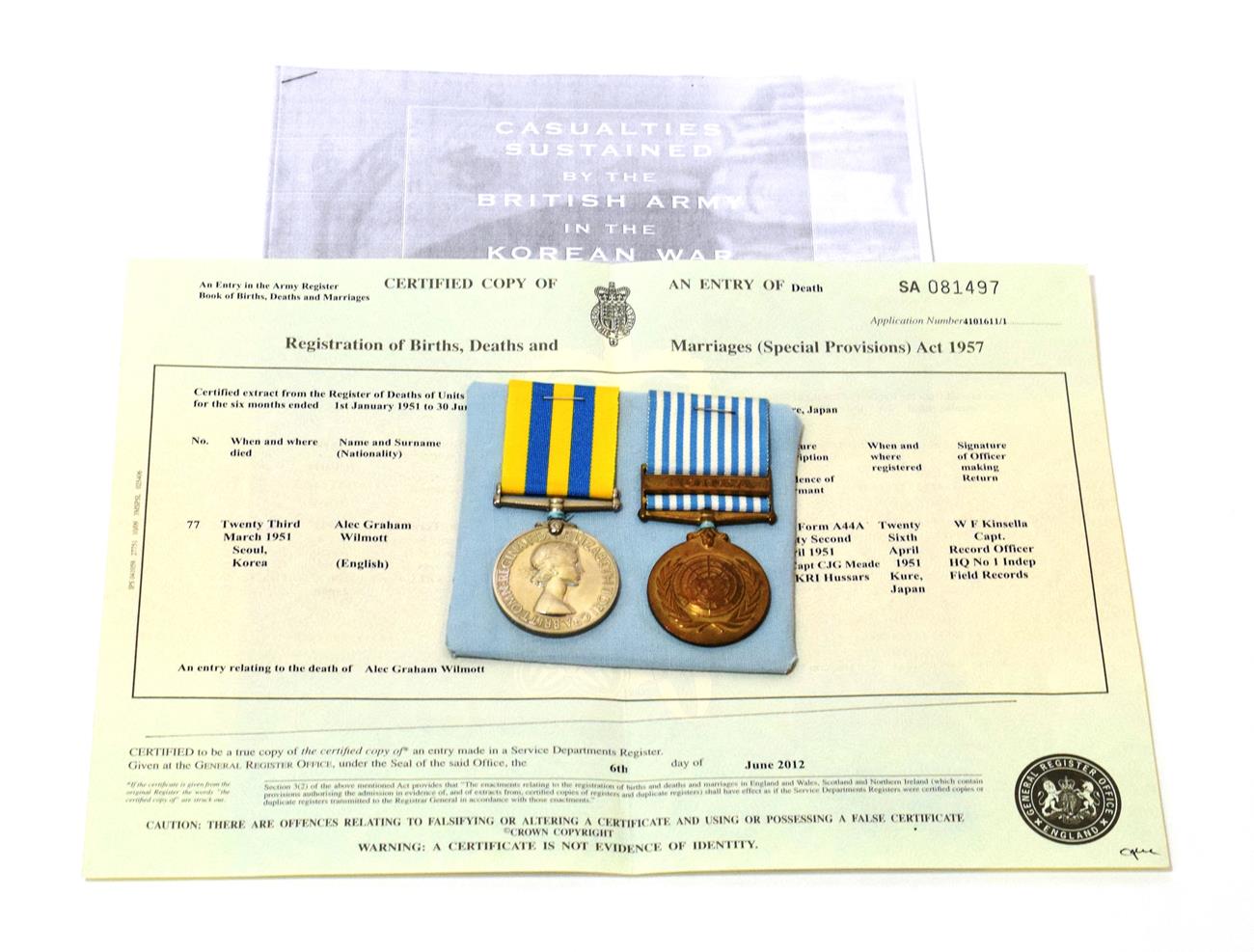 Lot 10 - A Korea War Casualty Pair, comprising Korea Medal and United Nations Korea Medal, awarded to...